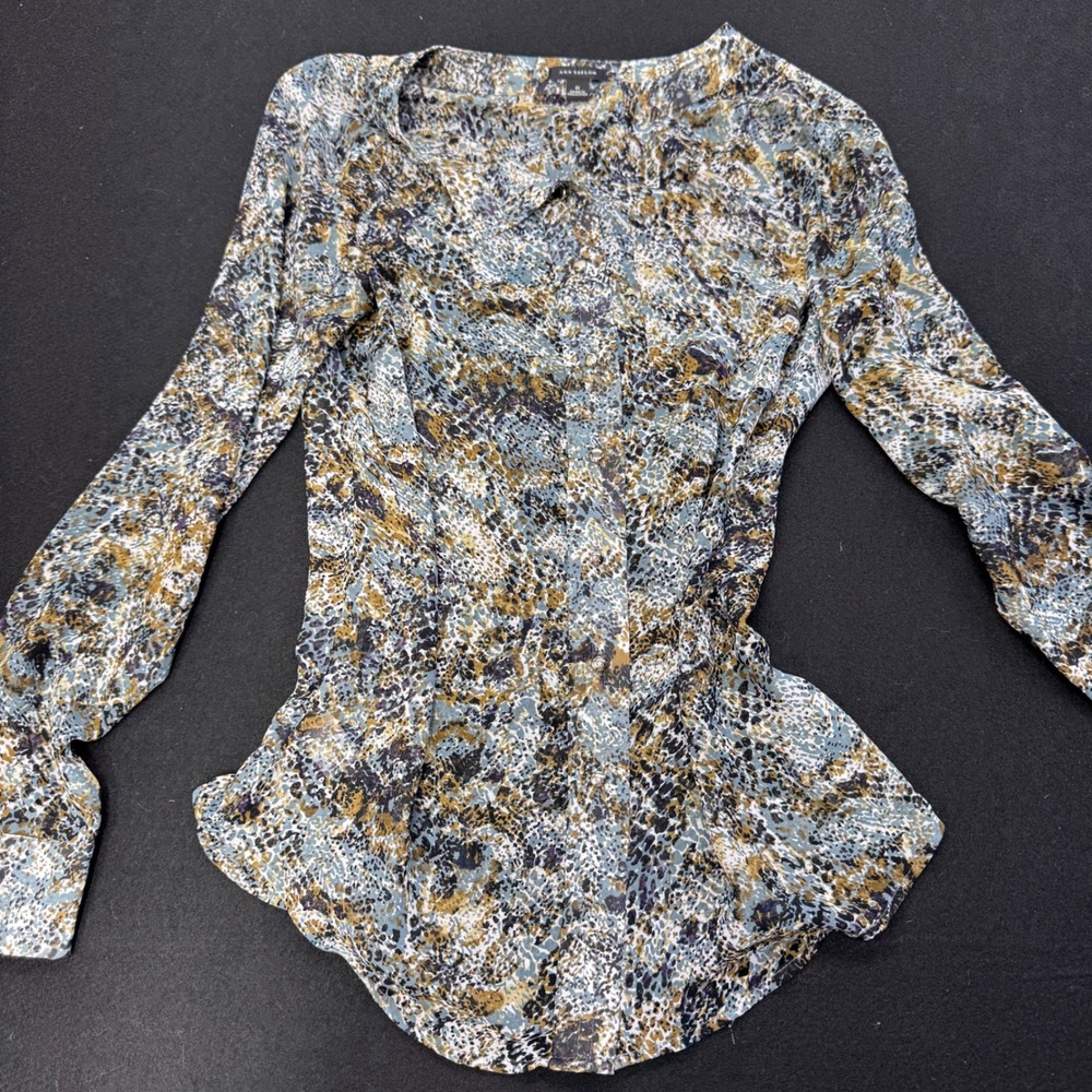 Ann Taylor Women Blue Tan Abstract Animal Print Button Front Blouse Size 0